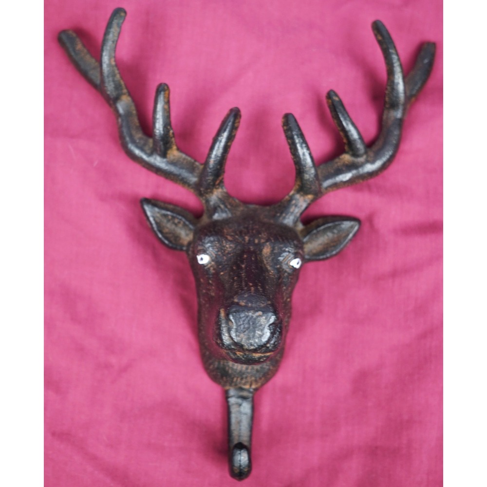 Rustic Cast Iron Deer Stag Head Hook Wall Hanger Antlers Towel Holder 9"